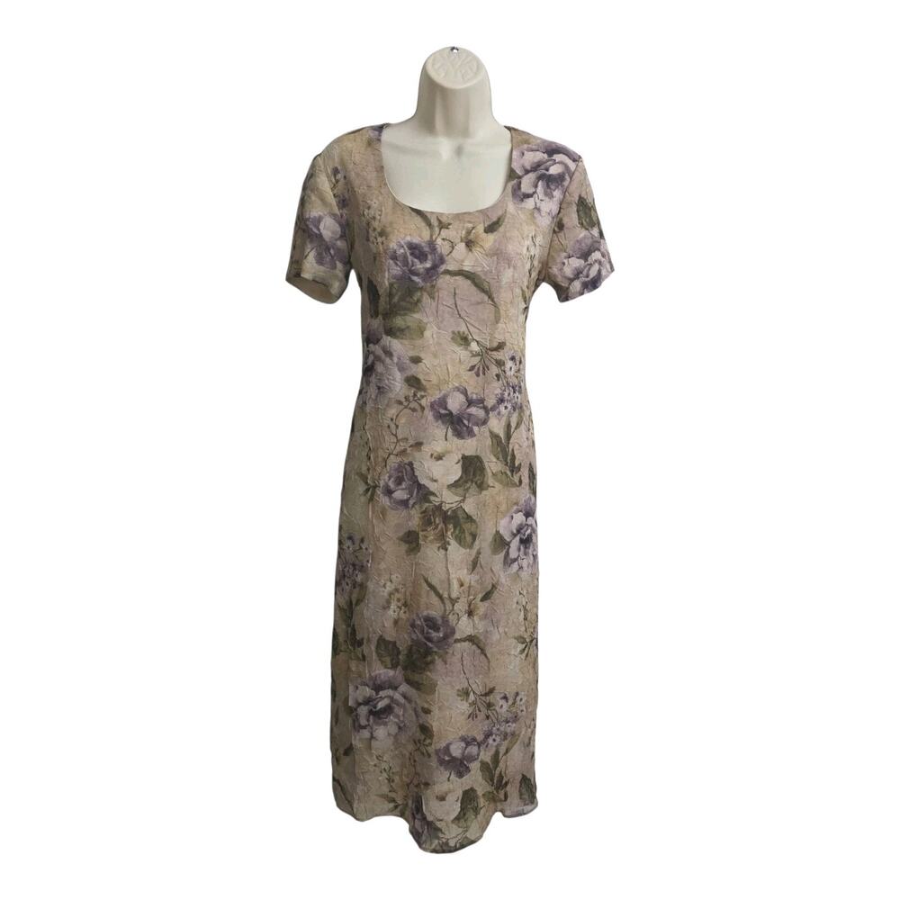 Connected Apparel Floral Textured Midi Dress Lined Short Sleeve Beige Size 8